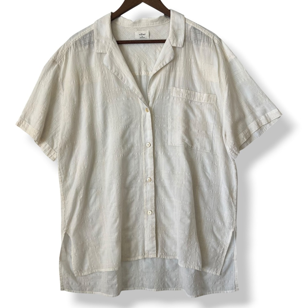 Aritzia‎ Wilfred Button Up Atticus Shirt Men M Cream Textured Short Sleeve Relax